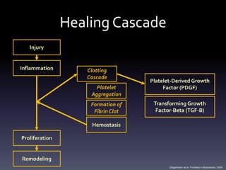 Healing Cascade
   Injury


Inflammation       Clotting
                   Cascade
                                   Platelet-Derived Growth
                      Platelet          Factor (PDGF)
                    Aggregation
                    Formation of    Transforming Growth
                     Fibrin Clot     Factor-Beta (TGF-B)

                     Hemostasis

Proliferation


Remodeling
                                          Diegelmann et al. Frontiers in Bioscience, 2004.
 