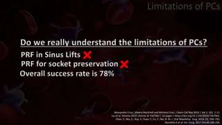 Do we really understand the limitations of PCs?
Alessandro Crisci, Silvana Manfredi and Michela Crisci. J Stem Cell Rep 2019 | Vol 1: 101. 1-11.
Liu et al. Volume 2019 |Article ID 7267062 | 10 pages | https://doi.org/10.1155/2019/7267062.
Chen, Y.; Niu, Z.; Xue, Y.; Yuan, F.; Fu, Y.; Bai, N. Br. J. Oral Maxillofac. Surg. 2014, 52, 740–745.
Nanditha S et al. Int J Surg. 2017 Oct;46:186-194.
PRF in Sinus Lifts
PRF for socket preservation
Overall success rate is 78%
Limitations of PCs
 