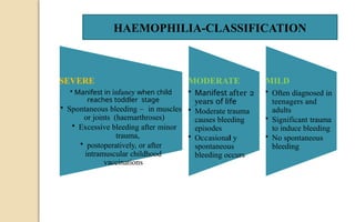SEVERE
• Manifest in infancy when child
reaches toddler stage
• Spontaneous bleeding – in muscles
or joints (haemarthroses)
• Excessive bleeding after minor
trauma,
• postoperatively, or after
intramuscular childhood
vaccinations.
MODERATE
• Manifest after 2
years of life
• Moderate trauma
causes bleeding
episodes
• Occasional y
spontaneous
bleeding occurs
MILD
• Often diagnosed in
teenagers and
adults
• Significant trauma
to induce bleeding
• No spontaneous
bleeding
HAEMOPHILIA-CLASSIFICATION
 