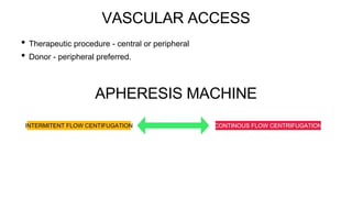 VASCULAR ACCESS
• Therapeutic procedure - central or peripheral
• Donor - peripheral preferred.
APHERESIS MACHINE
INTERMITENT FLOW CENTIFUGATION CONTINOUS FLOW CENTRIFUGATION
 
