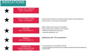 SICKLE CELL DISEASE
ASFA- CATEGORY I
-ability to rapidly reduce the burden of parasitemia
-reduce the level of toxic mediators such as cytokines.
- IMPROVED SURVIVAL OF RED CELLS
- malaria with parasitemia >10%.
-babesiosis with >5% parasitemia
MALARIA
ASFA CATEGORY-II
BABESIA
ASFA CATEGORY-II
INDICATIONS
POLYCYTHEMIA VERA
ASFA- CATEGORY I
-rapidly decrease hematocrit for extended intervals relative to simple phlebotomy
-acute thrombotic or microvascular complications
HEREDITARY
HEMOCHROMATOSIS
ASFA CATEGORY-I
-more rapid decline and normalization of ferritin;
--erythrocytapheresis procedure every two weeks and weekly whole blood phlebotomy
are equiv alent
 