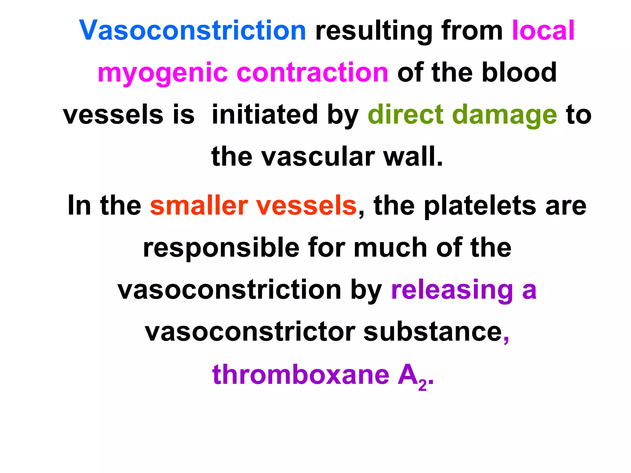 Vasoconstriction  resulting from  local myogenic contraction   of the blood vessels is  initiated by  direct damage  to the vascular wall. In the  smaller vessels , the platelets are responsible for much of the vasoconstriction by  releasing a  vasoconstrictor substance , thromboxane A 2 .  