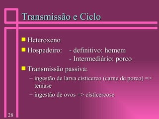 Transmissão e Ciclo Heteroxeno Hospedeiro: - definitivo: homem - Intermediário: porco Transmissão passiva: ingestão de larva cisticerco (carne de porco) => teníase ingestão de ovos => cisticercose 