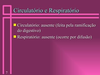 Circulatório e Respiratório Circulatório: ausente (feita pela ramificação do digestivo) Respiratório: ausente (ocorre por difusão)  