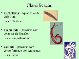 Classificação
• Turbellaria – aquáticos e de
  vida livre.
   - ex.: planária

• Trematoda – parasitas com
  ventosas de fixação.
   - ex.: esquistossomo

• Cestoda – parasitas com
  corpo formado por segmentos.
   - ex.: tênia
 