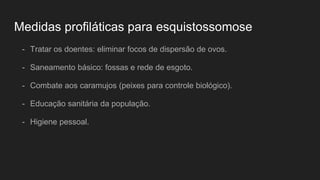 Medidas profiláticas para esquistossomose
- Tratar os doentes: eliminar focos de dispersão de ovos.
- Saneamento básico: fossas e rede de esgoto.
- Combate aos caramujos (peixes para controle biológico).
- Educação sanitária da população.
- Higiene pessoal.
 
