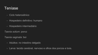 Teníase
- Ciclo heteroxênico
- Hospedeiro definitivo: humano
- Hospedeiro intermediário
Taenia solium: porco
Taenia saginata: boi
- Adultos: no intestino delgado
- Larva: tecido cerebral, nervoso e olhos dos porcos e bois.
 