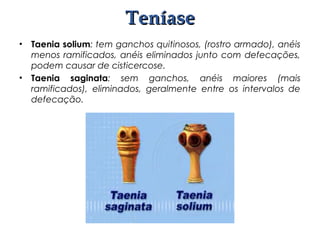 • Taenia solium: tem ganchos quitinosos, (rostro armado), anéis
menos ramificados, anéis eliminados junto com defecações,
podem causar de cisticercose.
• Taenia saginata: sem ganchos, anéis maiores (mais
ramificados), eliminados, geralmente entre os intervalos de
defecação.
TeníaseTeníase
 