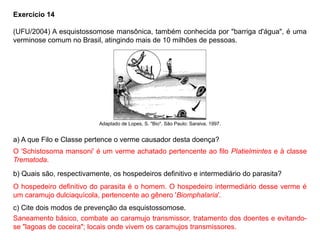 Exercício 14
(UFU/2004) A esquistossomose mansônica, também conhecida por "barriga d'água", é uma
verminose comum no Brasil, atingindo mais de 10 milhões de pessoas.
Adaptado de Lopes, S. "Bio". São Paulo: Saraiva. 1997.
a) A que Filo e Classe pertence o verme causador desta doença?
b) Quais são, respectivamente, os hospedeiros definitivo e intermediário do parasita?
c) Cite dois modos de prevenção da esquistossomose.
O 'Schistosoma mansoni' é um verme achatado pertencente ao filo Platielmintes e à classe
Trematoda.
O hospedeiro definitivo do parasita é o homem. O hospedeiro intermediário desse verme é
um caramujo dulciaquícola, pertencente ao gênero 'Biomphalaria'.
Saneamento básico, combate ao caramujo transmissor, tratamento dos doentes e evitando-
se "lagoas de coceira"; locais onde vivem os caramujos transmissores.
 