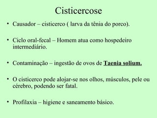 Cisticercose
• Causador – cisticerco ( larva da tênia do porco).

• Ciclo oral-fecal – Homem atua como hospedeiro
  intermediário.

• Contaminação – ingestão de ovos de Taenia solium.

• O cisticerco pode alojar-se nos olhos, músculos, pele ou
  cérebro, podendo ser fatal.

• Profilaxia – higiene e saneamento básico.
 