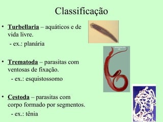Classificação
• Turbellaria – aquáticos e de
  vida livre.
   - ex.: planária

• Trematoda – parasitas com
  ventosas de fixação.
   - ex.: esquistossomo

• Cestoda – parasitas com
  corpo formado por segmentos.
   - ex.: tênia
 