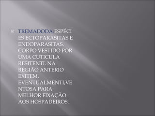 TREMADODA: ESPÉCIES ECTOPARASITAS E ENDOPARASITAS. CORPO VESTIDO POR UMA CUTICULA RESITENTI. NA REGIÃO ANTERIO EXITEM, EVENTUALMENTI,VENTOSA PARA MELHOR FIXAÇÃO AOS HOSPADEIROS. 