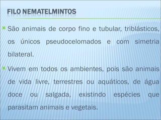    São animais de corpo fino e tubular, triblásticos,
    os únicos pseudocelomados e com simetria
    bilateral.
   Vivem em todos os ambientes, pois são animais
    de vida livre, terrestres ou aquáticos, de água
    doce    ou   salgada,   existindo   espécies   que
    parasitam animais e vegetais.
 