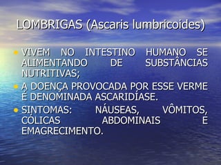 LOMBRIGAS (Ascaris lumbricoides)

• VIVEM NO INTESTINO HUMANO SE
  ALIMENTANDO     DE    SUBSTÂNCIAS
  NUTRITIVAS;
• A DOENÇA PROVOCADA POR ESSE VERME
  É DENOMINADA ASCARIDÍASE.
• SINTOMAS:    NÁUSEAS,     VÔMITOS,
  CÓLICAS       ABDOMINAIS         E
  EMAGRECIMENTO.
 