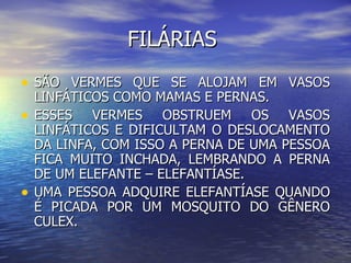 FILÁRIAS
• SÃO VERMES QUE SE ALOJAM EM VASOS
    LINFÁTICOS COMO MAMAS E PERNAS.
•   ESSES VERMES OBSTRUEM OS VASOS
    LINFÁTICOS E DIFICULTAM O DESLOCAMENTO
    DA LINFA, COM ISSO A PERNA DE UMA PESSOA
    FICA MUITO INCHADA, LEMBRANDO A PERNA
    DE UM ELEFANTE – ELEFANTÍASE.
•   UMA PESSOA ADQUIRE ELEFANTÍASE QUANDO
    É PICADA POR UM MOSQUITO DO GÊNERO
    CULEX.
 
