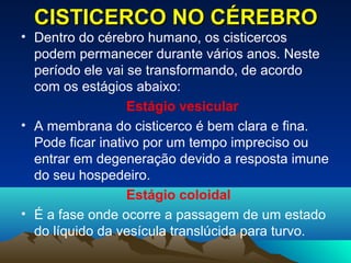 CISTICERCO NO CÉREBRO

• Dentro do cérebro humano, os cisticercos
podem permanecer durante vários anos. Neste
período ele vai se transformando, de acordo
com os estágios abaixo:
Estágio vesicular
• A membrana do cisticerco é bem clara e fina.
Pode ficar inativo por um tempo impreciso ou
entrar em degeneração devido a resposta imune
do seu hospedeiro.
Estágio coloidal
• É a fase onde ocorre a passagem de um estado
do líquido da vesícula translúcida para turvo.

 