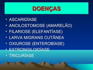 DOENÇAS
•
•
•
•
•
•
•

ASCARIDÍASE
ANCILOSTOMOSE (AMARELÃO)
FILARIOSE (ELEFANTÍASE)
LARVA MIGRANS CUTÂNEA
OXIUROSE (ENTEROBÍASE)
ESTRONGILOIDÍASE
TRICURÍASE

 