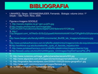 BIBLIOGRAFIA
•

LINHARES, Sérgio. GEWANDSNAJDER, Fernando. Biologia: volume único: 1ª
edição – São Paulo: Ática, 2005.

•
•
•

Figuras e Imagens GOOGLE
1. http://www2u.biglobe.ne.jp/~gen-yu/pl7s.jpg
2.http://media.photobucket.com/image/plan
%25C3%25A1ria/cottonmanifesto/digital%205/4planaria101206.jpg
3. http://
2.bp.blogspot.com/_AtTl4eGv-EI/ScZy2ypae6I/AAAAAAAAAKY/UwTOPgj9hfI/s320/planaria.
4.
http://www.bergen.edu/faculty/rdill/Environmental_Bio/EB_lab_Images/schistosoma.jpg
5.
http://www.portalsaofrancisco.com.br/alfa/filo-platelmintos/imagens/ciclo-da-esquistossomos
6.http://workforce.cup.edu/buckelew/life_cycle_of_fasciola_hepatica.htm
7. http://www.portalsaofrancisco.com.br/alfa/filo-platelmintos/imagens/taenia-3.jpg
8.http://bioweb.uwlax.edu/bio203/s2008/geske_rich/images/OrgWebTaeniaPile.JPG
9.http://syafiqhusni.files.wordpress.com/2008/12/ascari.jpg
10. http://www.curezone.us/image_gallery/parasites/ascaris/003.jpg
11. http://www.algosobre.com.br/images/stories/biologia/nematelmintos_ciclo.gif
12. http://fmgmatos.files.wordpress.com/2009/01/008-j05-bicho-geografico1.jpg
13. http://www.sp01.com/micro/worms/images/filariasis.jpg
14. colider.unemat.br/.../images/image001.jpg

•
•
•
•
•
•
•
•
•
•
•
•

 