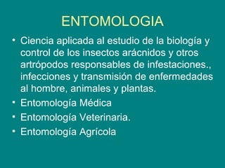ENTOMOLOGIA
• Ciencia aplicada al estudio de la biología y
control de los insectos arácnidos y otros
artrópodos responsables de infestaciones.,
infecciones y transmisión de enfermedades
al hombre, animales y plantas.
• Entomología Médica
• Entomología Veterinaria.
• Entomología Agrícola
 