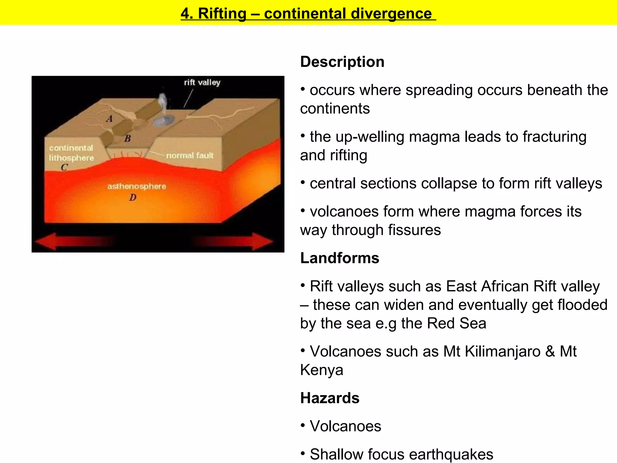 Description occurs where spreading occurs beneath the continents the up-welling magma leads to fracturing and rifting central sections collapse to form rift valleys volcanoes form where magma forces its way through fissures Landforms Rift valleys such as East African Rift valley – these can widen and eventually get flooded by the sea e.g the Red Sea Volcanoes such as Mt Kilimanjaro & Mt Kenya Hazards Volcanoes Shallow focus earthquakes 4. Rifting – continental divergence  