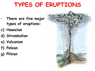 TYPES OF ERUPTIONS There are five major types of eruptions: Hawaiian Strombolian Vulcanian Pelean Plinian 