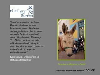 "La obra maestra de Juan Ramón Jiménez es una lección de amor. Nadie ha conseguido describir su amor por este fantástico animal como él lo hizo en Platero y Yo. El libro va incluso más allá, desmintiendo el tópico que describe al asno como un animal rudo y de poco entendimiento."   Iván Salvía, Director de El Refugio del Burrito   Dedicado a todos los ‘Platero ,’  DOUCE Gracias a Idígoras y Pachi 