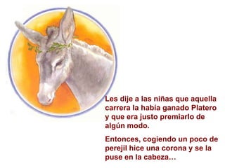 Les dije a las niñas que aquella
carrera la había ganado Platero
y que era justo premiarlo de
algún modo.
Entonces, cogiendo un poco de
perejil hice una corona y se la
puse en la cabeza…
 