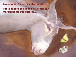A mediodía, Platero estaba muerto…
Por la cuadra en silencio revoloteaban
mariposas de tres colores…
 