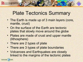 Plate Tectonics Summary
• The Earth is made up of 3 main layers (core,
mantle, crust)
• On the surface of the Earth are tectonic
plates that slowly move around the globe
• Plates are made of crust and upper mantle
(lithosphere)
• There are 2 types of plate
• There are 3 types of plate boundaries
• Volcanoes and Earthquakes are closely
linked to the margins of the tectonic plates
 