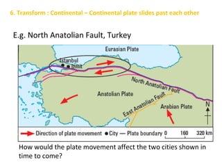 E.g. North Anatolian Fault, Turkey
How would the plate movement affect the two cities shown in
time to come?
6. Transform : Continental – Continental plate slides past each other
 