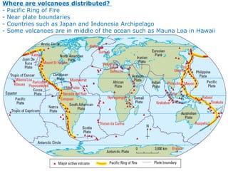 Where are volcanoes distributed?
- Pacific Ring of Fire
- Near plate boundaries
- Countries such as Japan and Indonesia Archipelago
- Some volcanoes are in middle of the ocean such as Mauna Loa in Hawaii
 