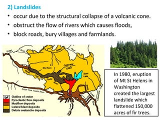 2) Landslides
• occur due to the structural collapse of a volcanic cone.
• obstruct the flow of rivers which causes floods,
• block roads, bury villages and farmlands.
In 1980, eruption
of Mt St Helens in
Washington
created the largest
landslide which
flattened 150,000
acres of fir trees.
 