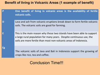 P One benefit of living in volcanic areas is the availability of fertile
volcanic soils.
D Lava and ash from volcanic eruptions break down to form fertile volcanic
soils. The volcanic soils are good for farming.
E This is the main reason why these two islands have been able to support
a large rural population for many years. Despite continuous use, the
soils are more fertile than most non-volcanic areas of Indonesia.
Eg
The volcanic soils of Java and Bali in Indonesia support the growing of
crops like rice, tea and coffee.
Benefit of living in Volcanic Areas (1 example of benefit)
Conclusion Time!!!
 
