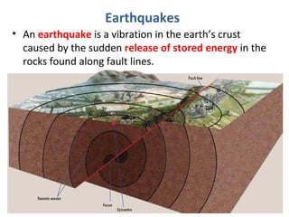 • An earthquake is a vibration in the earth’s crust
caused by the sudden release of stored energy in the
rocks found along fault lines.
Earthquakes
 