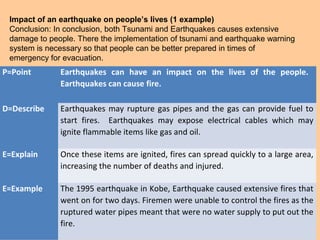 P=Point Earthquakes can have an impact on the lives of the people.
Earthquakes can cause fire.
D=Describe Earthquakes may rupture gas pipes and the gas can provide fuel to
start fires. Earthquakes may expose electrical cables which may
ignite flammable items like gas and oil.
E=Explain Once these items are ignited, fires can spread quickly to a large area,
increasing the number of deaths and injured.
E=Example The 1995 earthquake in Kobe, Earthquake caused extensive fires that
went on for two days. Firemen were unable to control the fires as the
ruptured water pipes meant that were no water supply to put out the
fire.
Impact of an earthquake on people’s lives (1 example)
Conclusion: In conclusion, both Tsunami and Earthquakes causes extensive
damage to people. There the implementation of tsunami and earthquake warning
system is necessary so that people can be better prepared in times of
emergency for evacuation.
 