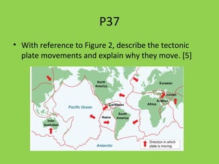 P37
• With reference to Figure 2, describe the tectonic
plate movements and explain why they move. [5]
 