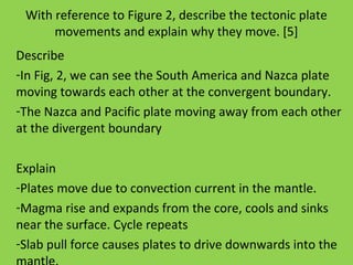 With reference to Figure 2, describe the tectonic plate
movements and explain why they move. [5]
Describe
-In Fig, 2, we can see the South America and Nazca plate
moving towards each other at the convergent boundary.
-The Nazca and Pacific plate moving away from each other
at the divergent boundary
Explain
-Plates move due to convection current in the mantle.
-Magma rise and expands from the core, cools and sinks
near the surface. Cycle repeats
-Slab pull force causes plates to drive downwards into the
 