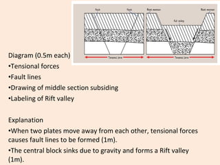 Diagram (0.5m each)
•Tensional forces
•Fault lines
•Drawing of middle section subsiding
•Labeling of Rift valley
Explanation
•When two plates move away from each other, tensional forces
causes fault lines to be formed (1m).
•The central block sinks due to gravity and forms a Rift valley
(1m).
 