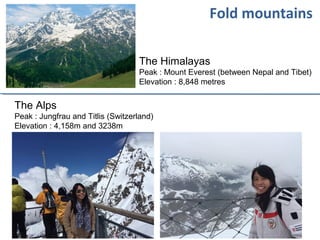 Fold mountains
The Himalayas
Peak : Mount Everest (between Nepal and Tibet)
Elevation : 8,848 metres
The Alps
Peak : Jungfrau and Titlis (Switzerland)
Elevation : 4,158m and 3238m
 