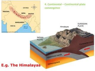 Continental crust
Continental crust
Himalayas
Tibetan
Plateau
Uppermost mantle
Asthenosphere
EURASIAN
PLATE
INDIAN
PLATE
4. Continental – Continental plate
convergence
E.g. The Himalayas
 