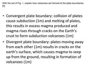 • Convergent plate boundary: collision of plates
cause subduction (1m) and melting of plates,
this results in excess magma produced and
magma rises through cracks on the Earth’s
crust to form subduction volcanoes (1m)
• Divergent plate boundary: plates moving away
from each other (1m) results in cracks on the
earth’s surface, which causes magma to seep
up from the ground, resulting in formation of
volcanoes (1m)
With the aid of Fig. 1, explain how volcanoes are formed at the plate boundaries.
[4]
 