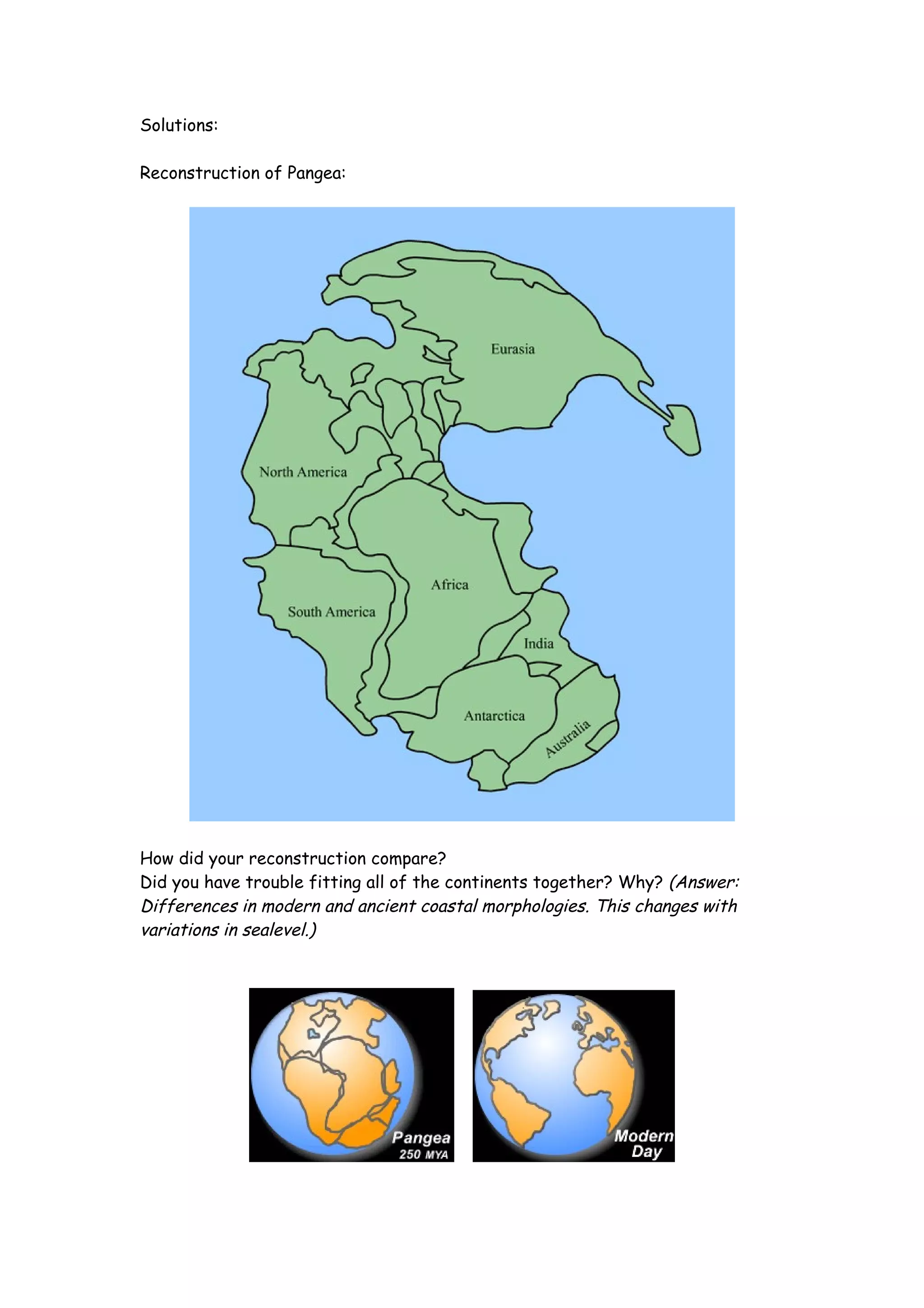 Solutions:

Reconstruction of Pangea:




How did your reconstruction compare?
Did you have trouble fitting all of the continents together? Why? (Answer:
Differences in modern and ancient coastal morphologies. This changes with
variations in sealevel.)
 