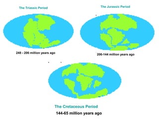 The Triassic Period
248 - 206 million years ago
The Jurassic Period
206-144 million years ago
The Cretaceous Period
144-65 million years ago
 