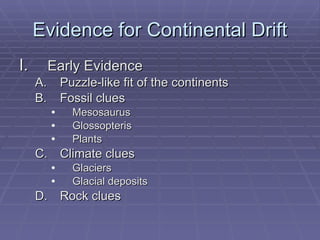 Evidence for Continental Drift Early Evidence Puzzle-like fit of the continents Fossil clues Mesosaurus Glossopteris Plants Climate clues Glaciers Glacial deposits Rock clues 