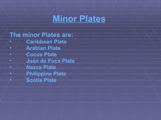 The minor Plates are: Caribbean Plate Arabian Plate Cocos Plate Juan de Fuca Plate   Nazca Plate   Philippine Plate   Scotia Plate   Minor Plates 