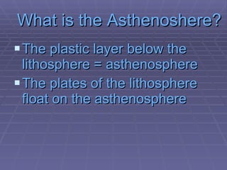 What is the Asthenoshere? The plastic layer below the lithosphere = asthenosphere The plates of the lithosphere float on the asthenosphere 