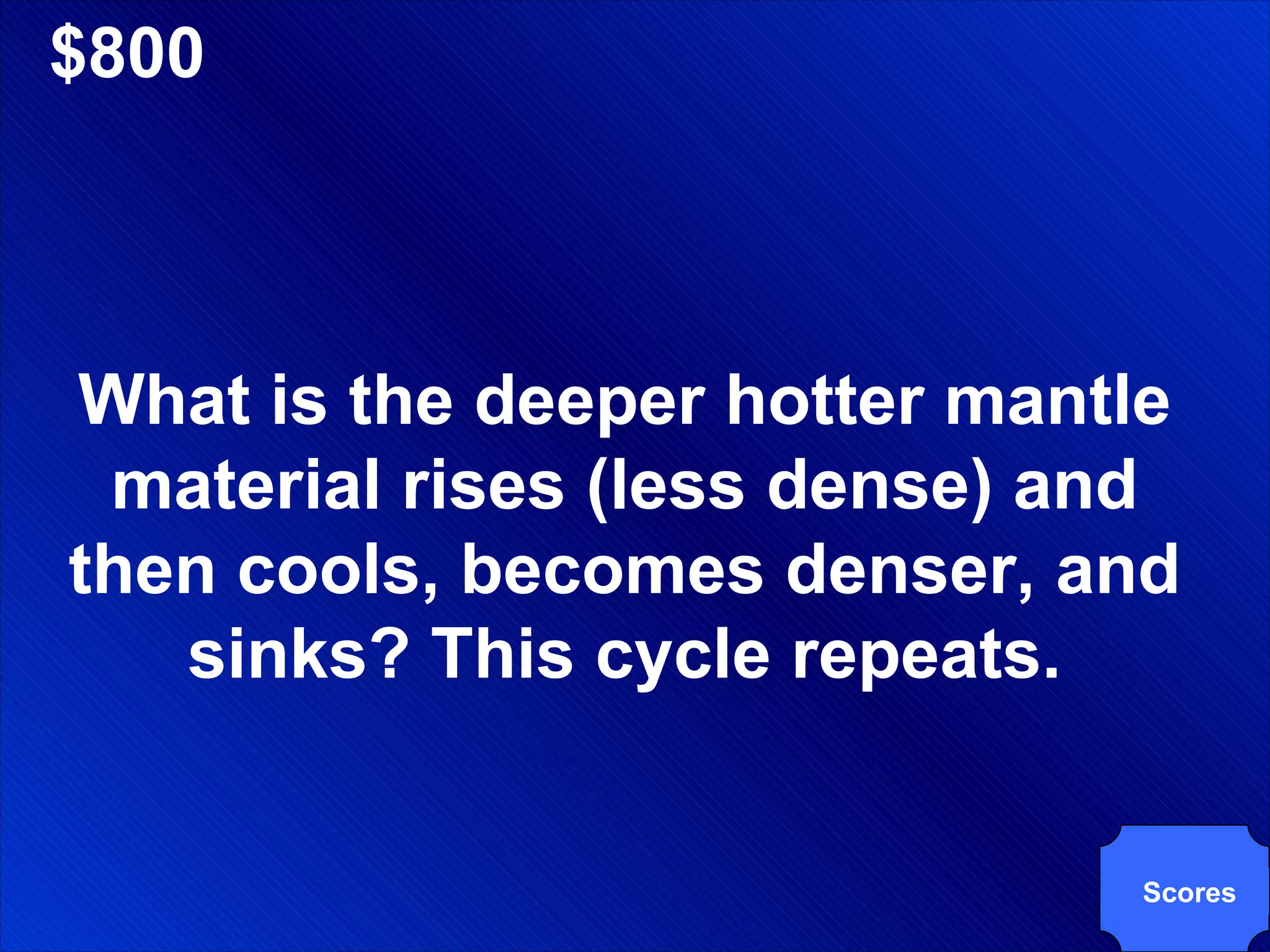 $800 What is the deeper hotter mantle material rises (less dense) and then cools, becomes denser, and sinks? This cycle repeats. Scores 