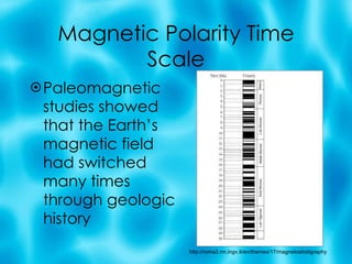 Magnetic Polarity Time Scale Paleomagnetic studies showed that the Earth’s magnetic field had switched many times through geologic history http://roma2.rm.ingv.it/en/themes/17/magnetostratigraphy 
