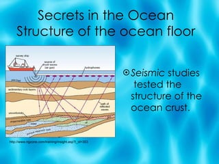 Secrets in the Ocean Structure of the ocean floor Seismic  studies  tested the structure of the ocean crust.  http://www.rigzone.com/training/insight.asp?i_id=303 