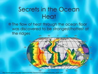 Secrets in the Ocean Heat The flow of heat through the ocean floor was discovered to be strongest/hottest at the ridges http://eqseis.geosc.psu.edu/~cammon/HTML/Classes/IntroQuakes/Notes/plate_tect01.html 